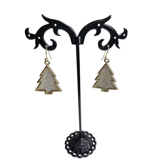 Goldtone Fishhook Earrings Christmas Tree Sparkle 1.5" Drop - Picture 2 of 6